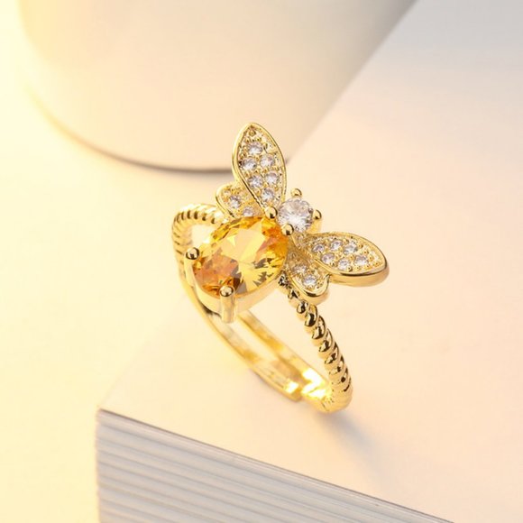 Jewelry - NEW 18K Gold Citrine Diamond Bee Adjustable Ring